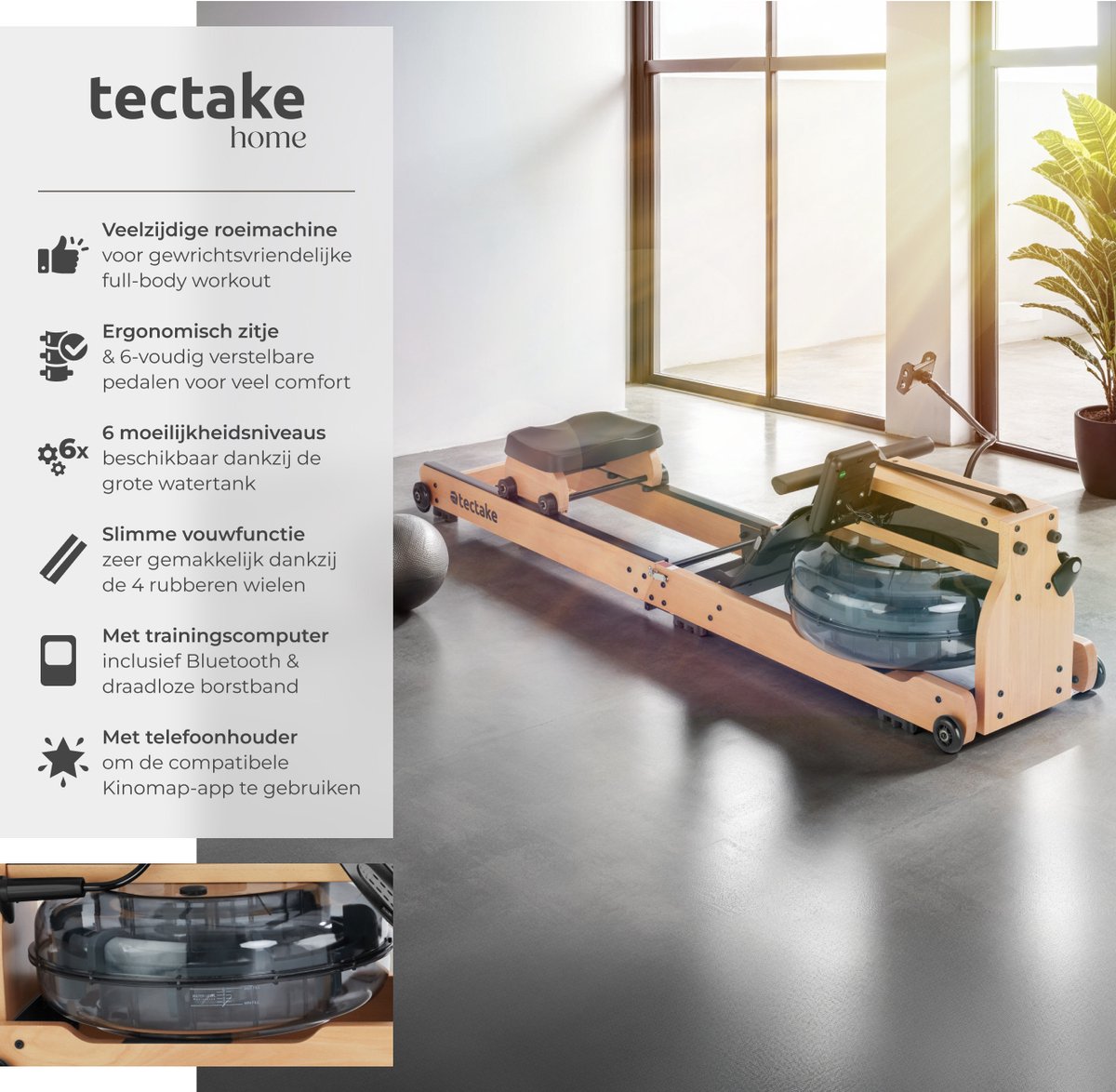tectake® Houten Roeimachine Titan XR2 Bruin/Zwart 150kg - afbeelding 2