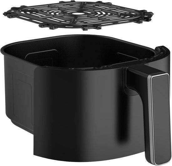 Zwarte Inventum airfryer mand en grillrek los van elkaar.