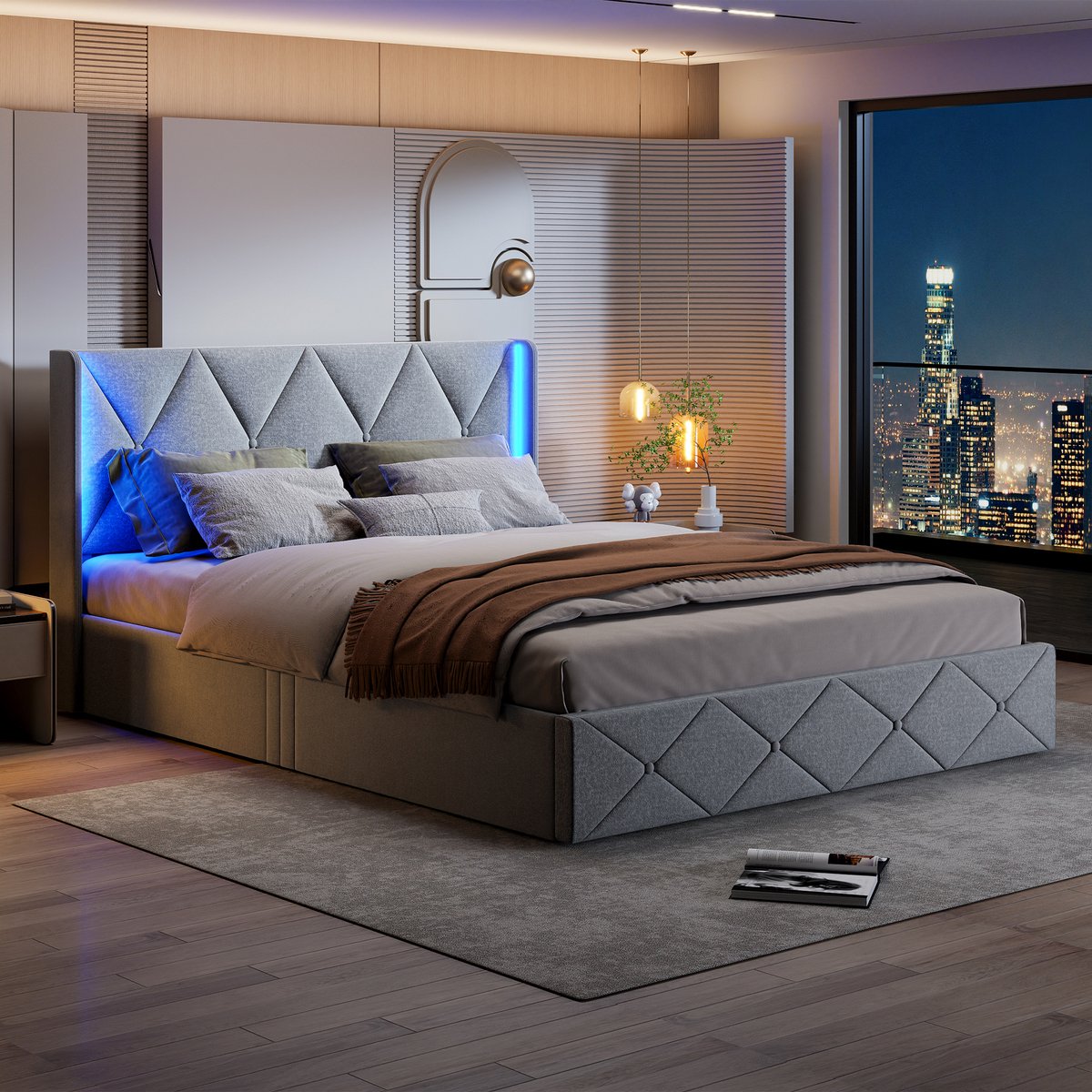Gestoffeerd bed 140x200 cm met LED-hoofdbord, tweepersoonsbed opbergbed functioneel bed, jeugdbed rugleuning bedframe met lattenbodem, zonder matras, linnengrijs