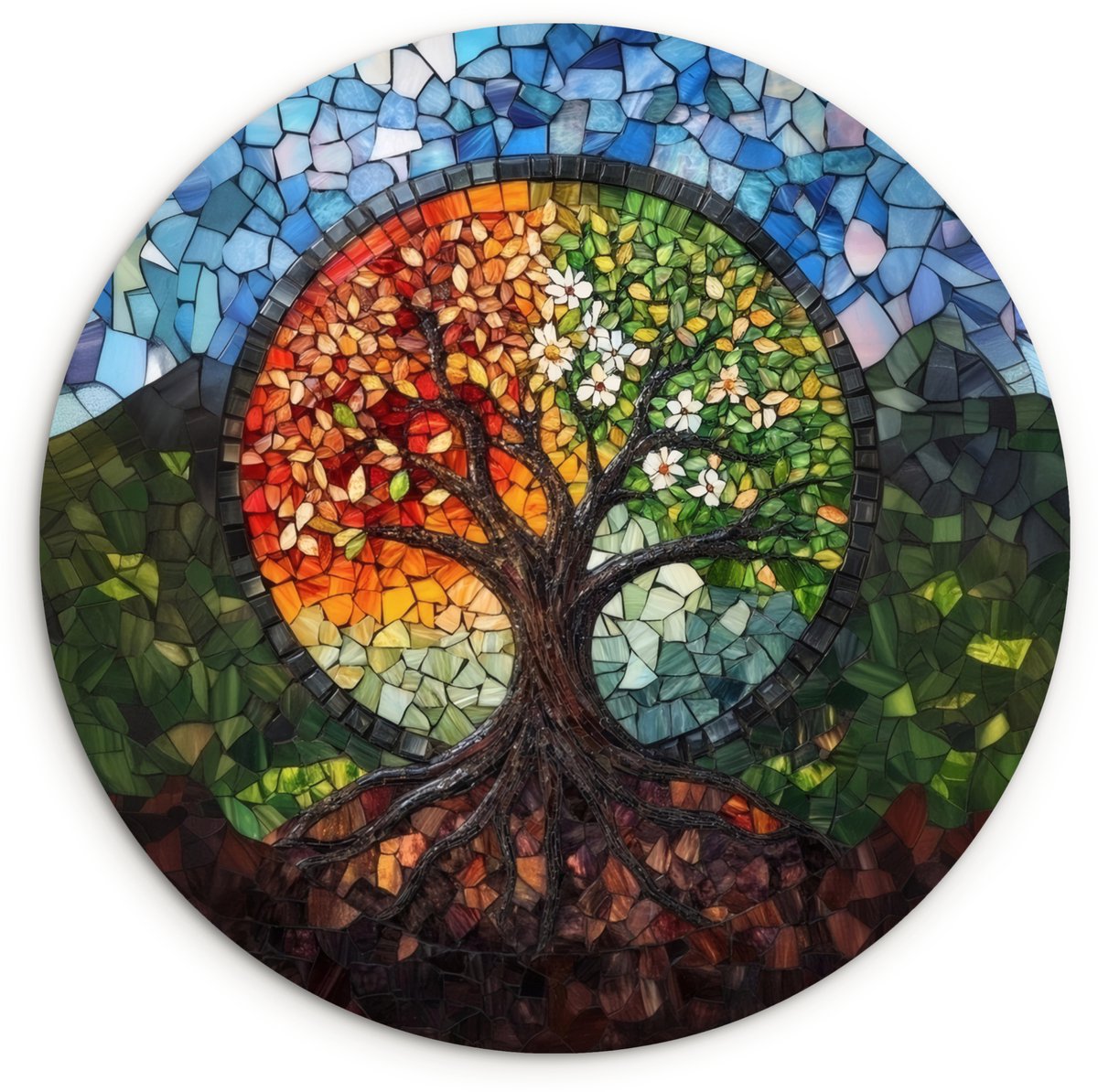 WallCircle Wandcirkel 120x120 cm - Muurcirkel Boom - Seizoenen - Mozaïek - Bergen - Muurdecoratie woonkamer - Wanddecoratie slaapkamer - Kamer decoratie accessoires - Ronde schilderijen Boom - Mozaïek