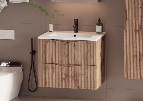 Meubel Square - Badkamermeubel set Morae 60cm - Eiken - Badmeubel met wastafel - Wastafelkast Zwevend