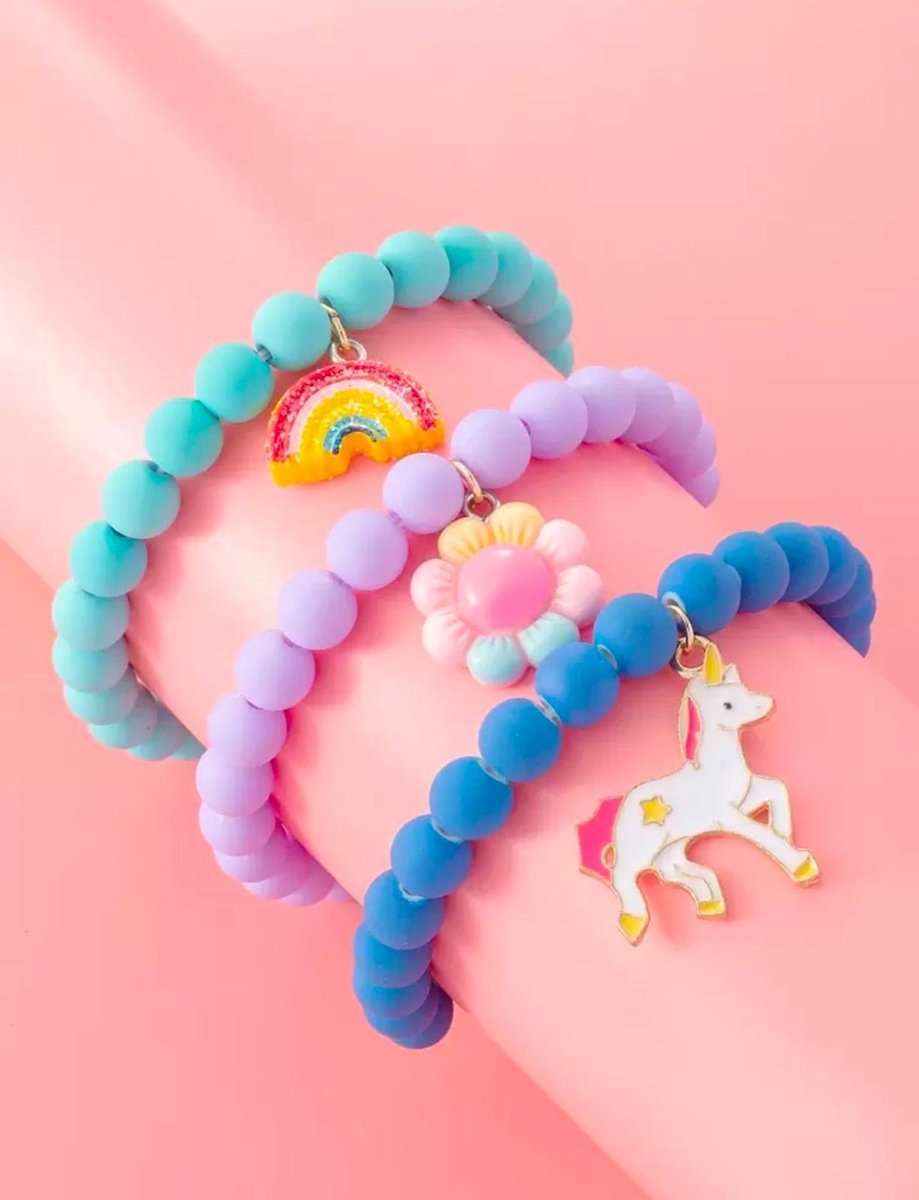 3-delige Kinderarmbandenset – Eenhoorn, Bloem & Regenboog
