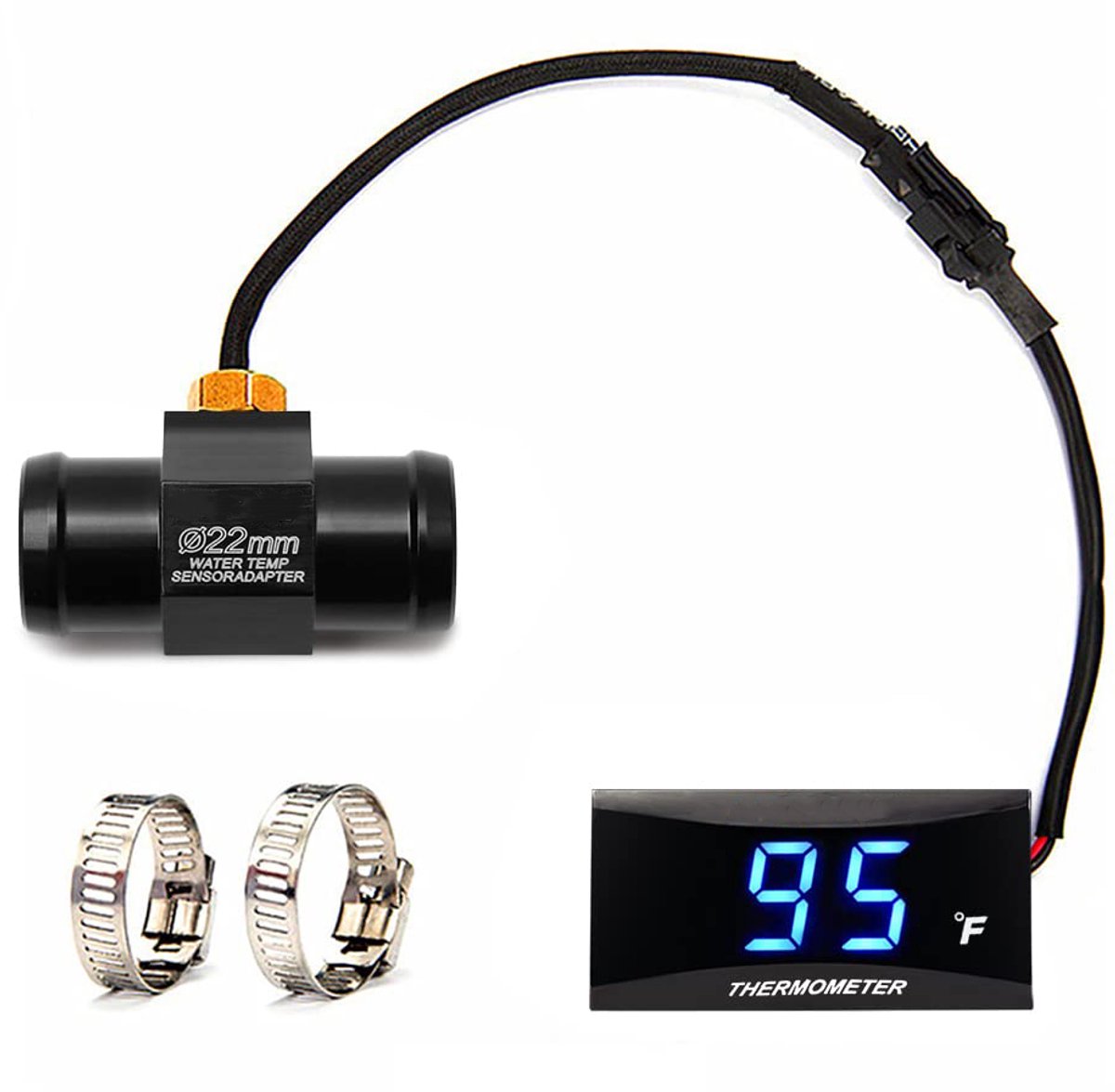 Motorfiets watertemperatuurmeter Fahrenheit-weergave 32~248F Overtemperatuurwaarschuwing, universele digitale temperatuurmeter met temperatuursensoradapter voor de meeste auto's, boten en motorfietsen. Digitale meter (blauw, 22 mm)