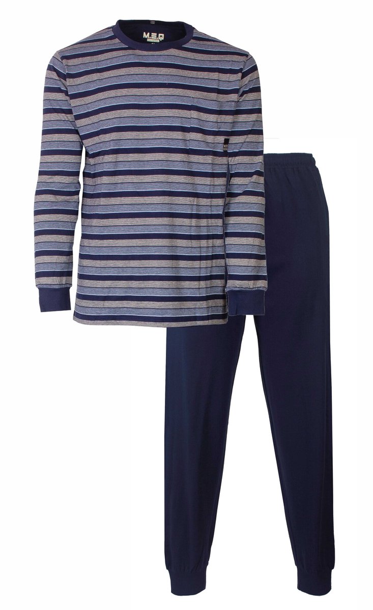 MEQ Heren Pyjama - Rondhals - Lange Mouw - Gestreept Blauw - Maat S
