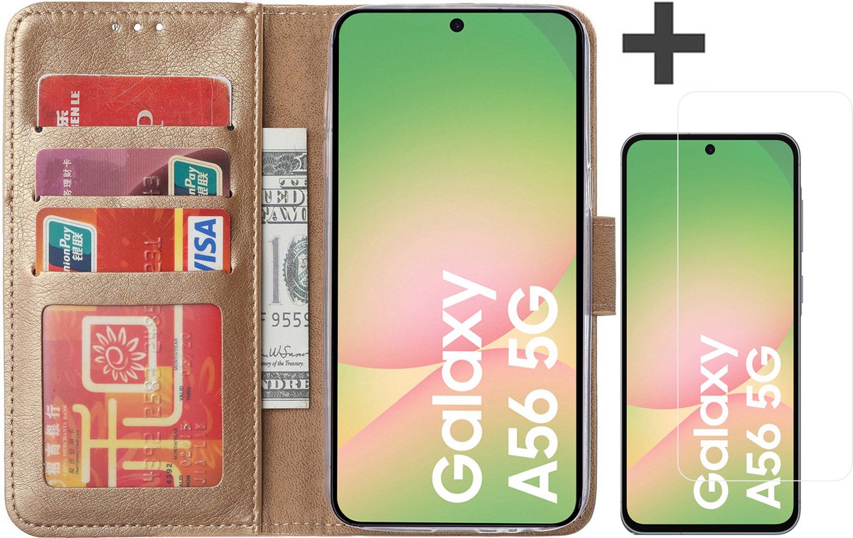 Hoesje met Screenprotector Geschikt voor Samsung Galaxy A56 – Arara bookcase met pasjeshouder - Goud