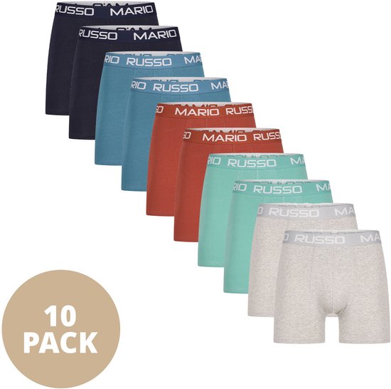 Tien boxershorts in verschillende kleuren (grijs, mintgroen, koraalrood, blauw, marineblauw) met witte 'MARIO RUSSO' tailleband.