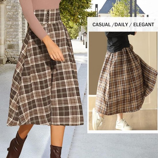 GL SUIT Dames geruite wollen rokken dames hoge taille A-lijn uitlopende lange rok herfst winter geplooide warme wol retro grote swing paraplu rok