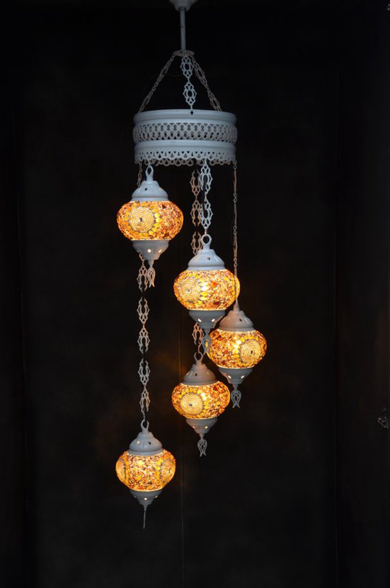 Hanglamp multicolour bruin glas mozaïek 5 bollen Turkse Oosterse Crèmewit Marokkaanse kroonluchter
