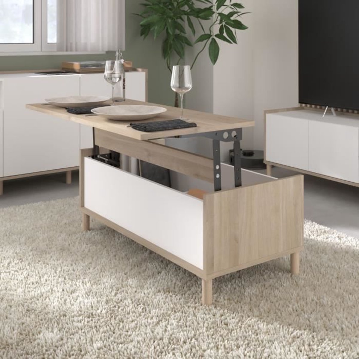 MORPHOS hefbare salontafel - B 100 x D 50 x H 43,6 cm - Rechthoekig - Wit / Eik - PARISOT