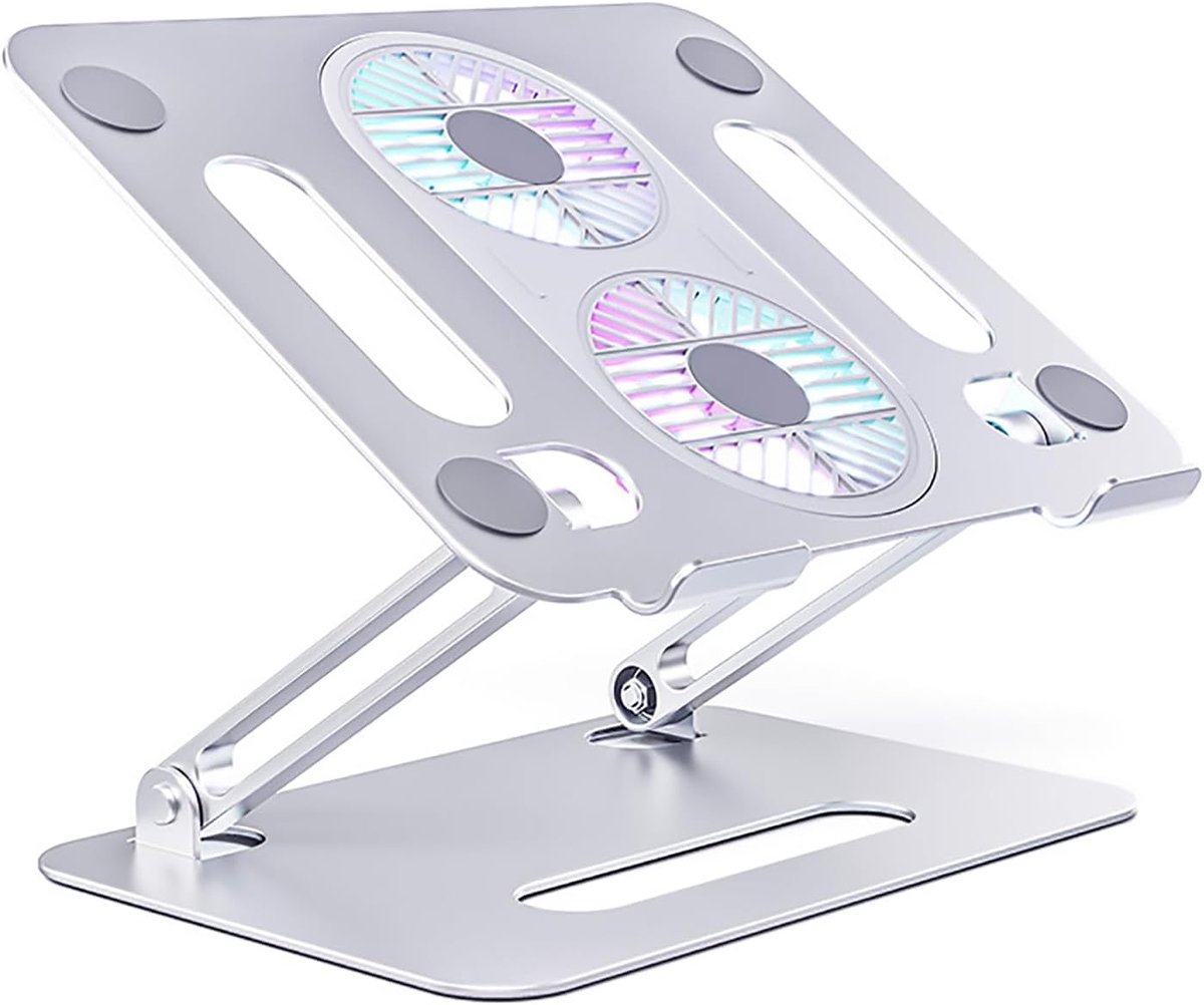Geschikt voor Verstelbare laptopstandaard, laptopkoelpad met ventilator, USB-hub, compatibel met 10 tot 15 inch notebookcomputers, ergonomische computerverhoger voor op het bureau, laptopradiator van aluminiumlegering (zilver)