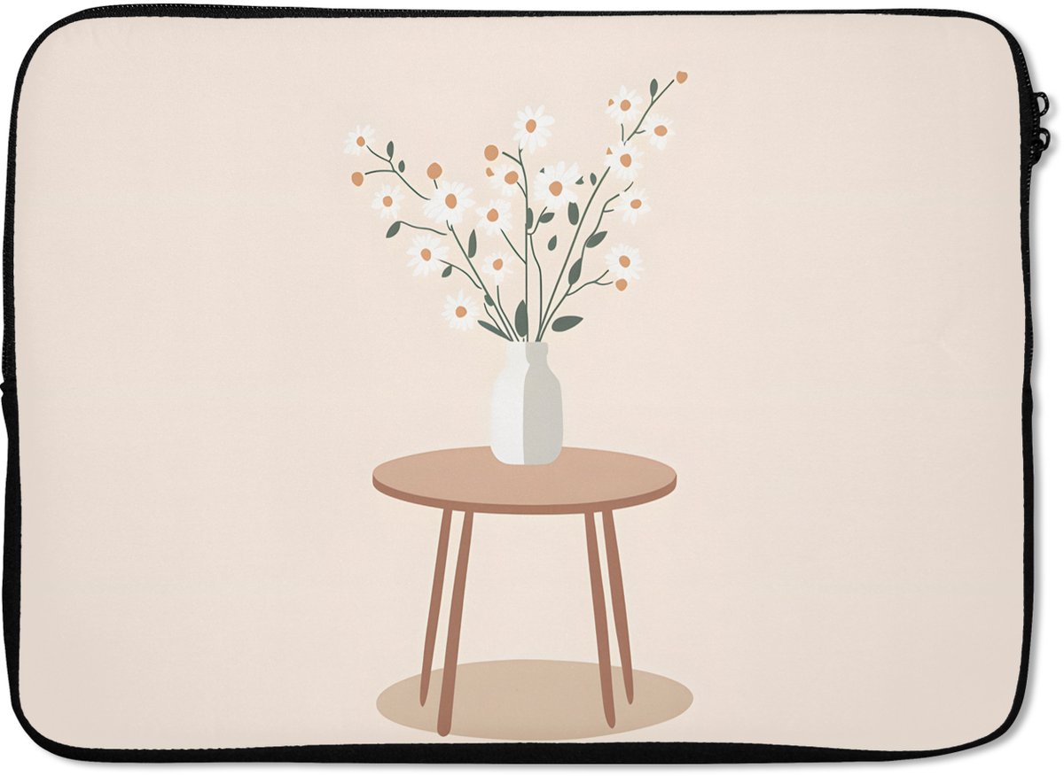 Laptophoes 14 inch - Vaas - Bloemen - Madeliefjes - Beige - Laptop sleeve - Binnenmaat 33x23 cm - Zwarte achterkant