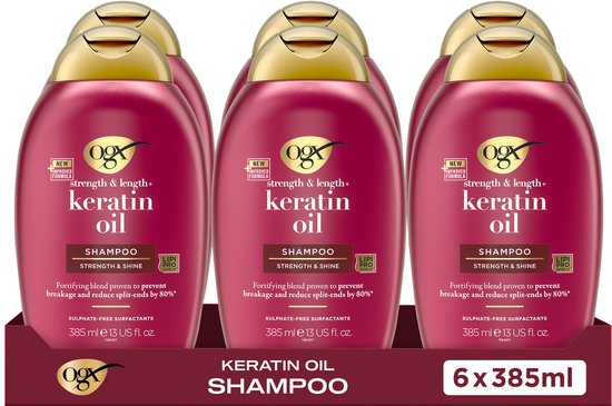 OGX Keratin Oil Shampoo, Met Keratine, Sulfaatvrij, Vermindert Haarbreuk, Voor Glanzend, Lang & Sterk Haar, Anti-Spliss, 6x385 ml