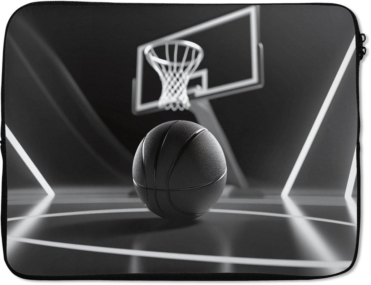 Laptophoes 15.6 inch - Basketbal - Basketbalveld - Lichtlijnen - Laptop sleeve - Binnenmaat 37x26 cm - Zwarte achterkant