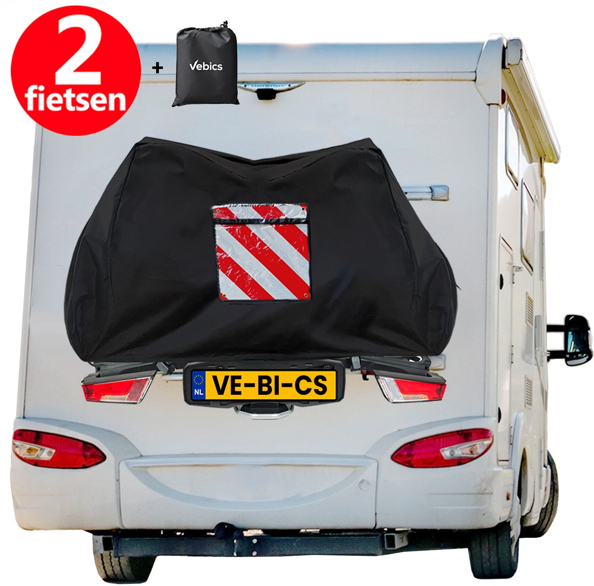 Fietshoes voor 1 of 2 fietsen Camper / Caravan Fietshoes - Fietsendrager Hoes - Met insteekvak voor gevarenbord