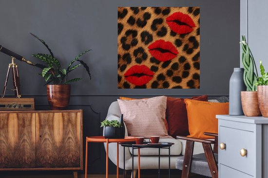 Muurstickers - Sticker Folie - Lippen - Drie - Rood - Panterprint - 50x50 cm - Plakfolie - Muurstickers Kinderkamer - Zelfklevend Behang - Zelfklevend behangpapier - Stickerfolie