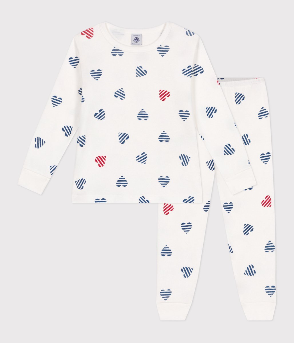 Petit Bateau Katoenen kinderpyjama met lange mouw en hartjesprint Wit/Multico
