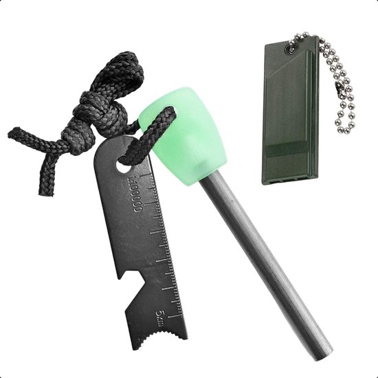 Ever Trex® Magnesium Vuurstarter En Strijker Met Survival Noodfluitje - Glow In The Dark Groen - Kit - Set - Vuursteen - Firesteel - Firestarter - Scouting - Kamperen & Outdoor - Vonkenmaker - 1 Set