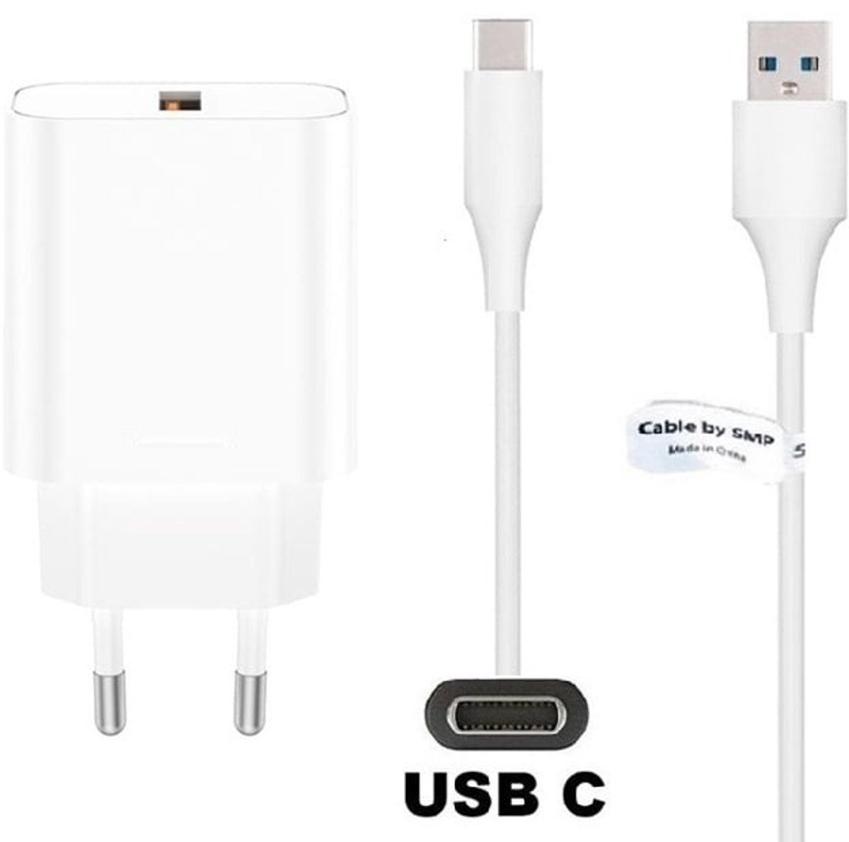 OneOne 18W snellader + 0,2m sterke USB C kabel. Quick Charge lader. Oplader adapter past op Samsung Galaxy A02s, A03s, A04, A05s, A13, A23, A52s, A21s, F06, Galaxy Note 7, Note 8, Note 9, F41, M33, M23, M35