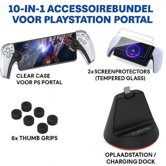 PlayCool 10-in-1 Accessoireset voor PlayStation Portal – Clear Case, Screenprotectors, Charging Dock & Thumb Grips