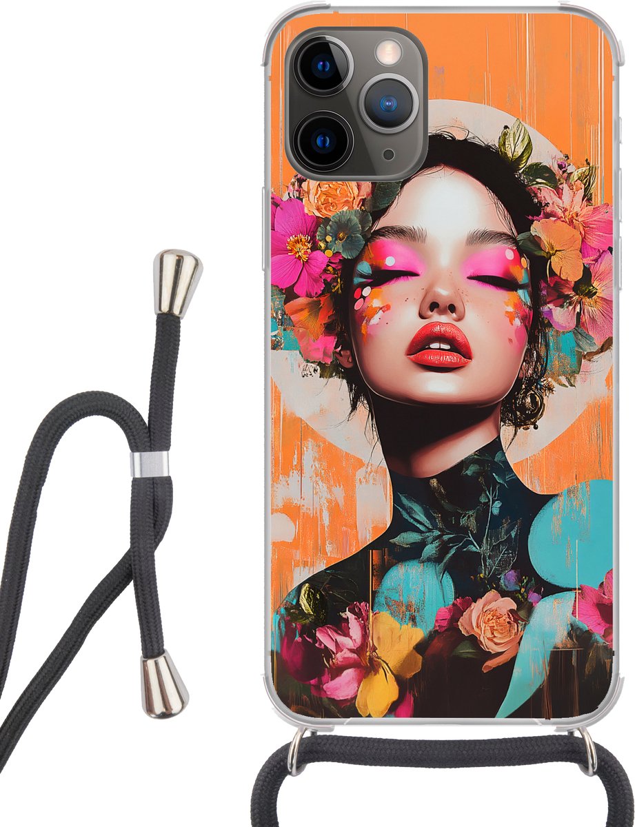 Telefoonhoesje Geschikt voor iPhone 13 Pro Max - Portret - Vrouw - Abstract - Bloemen - Siliconen - Crossbody - Backcover met Koord - Telefoonhoesje met koord - Hoesje met touw Telefoonhoesje