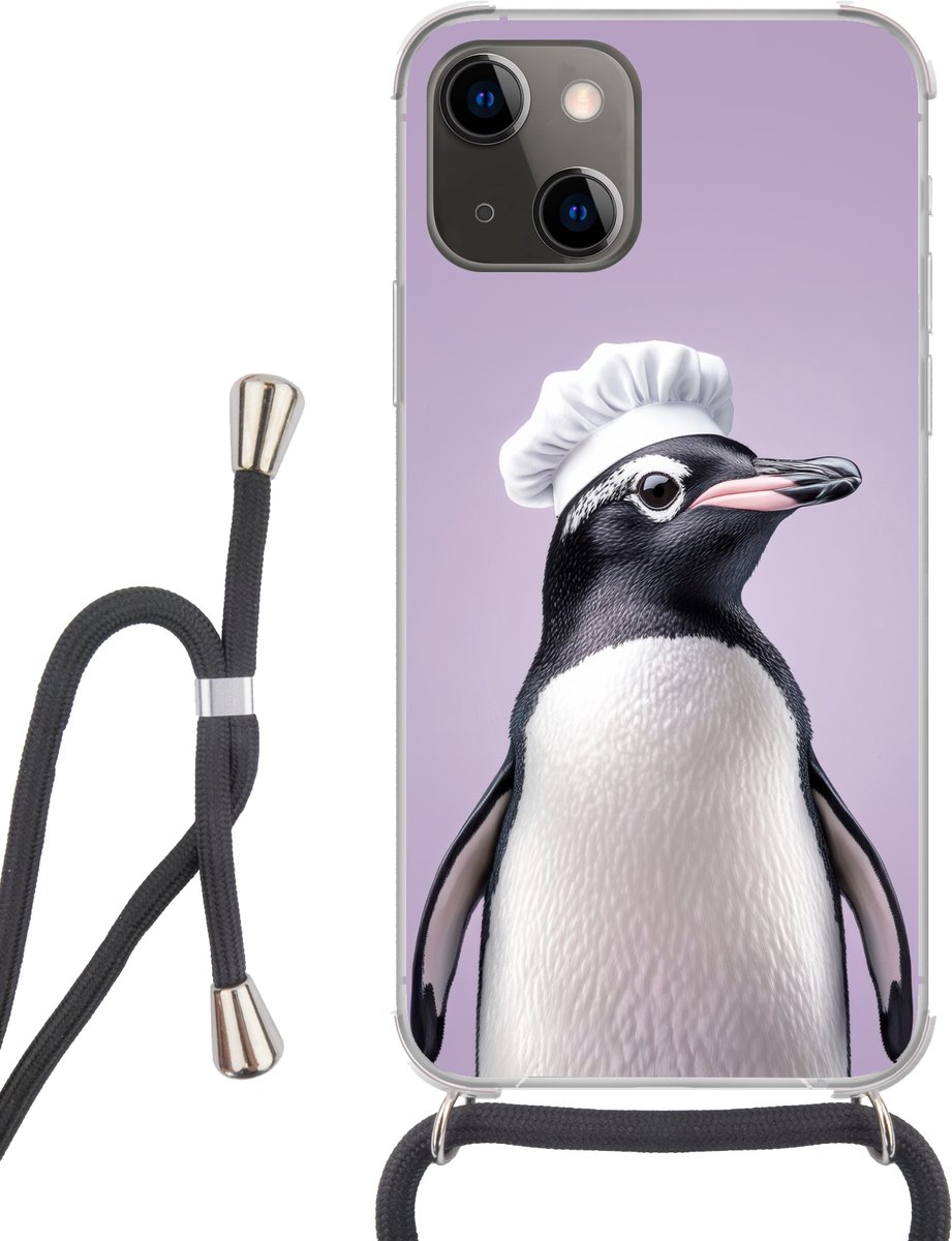 Telefoonhoesje Geschikt voor iPhone 13 Mini - Pinguïn - Koksmuts - Lief - Paars - Siliconen - Crossbody - Backcover met Koord - Telefoonhoesje met koord - Hoesje met touw Telefoonhoesje