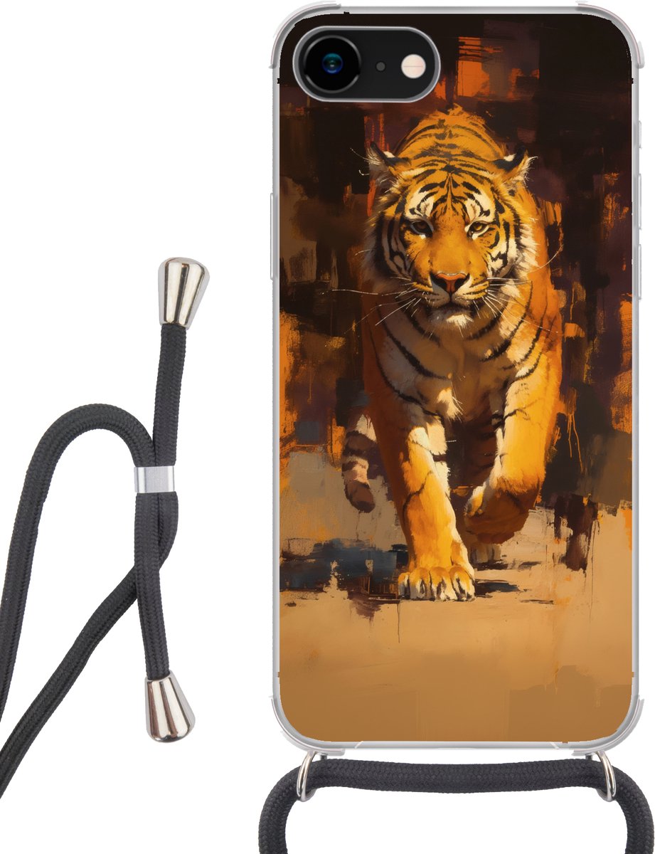 Telefoonhoesje Geschikt voor iPhone 8 - Tijger - Geschilderd - Oranje - Penseelstreken - Siliconen - Crossbody - Backcover met Koord - Telefoonhoesje met koord - Hoesje met touw Telefoonhoesje