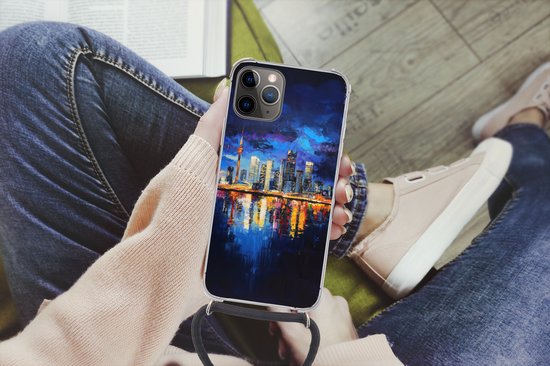Étui de téléphone adapté à iPhone 12 pro bandoulière - Skyline Toronto - Moderne - City Light - Blauw - Siliconen - Bandoulière - Coque arrière avec cordon - Étui de téléphone avec cordon - Étui avec corde Étui de téléphone