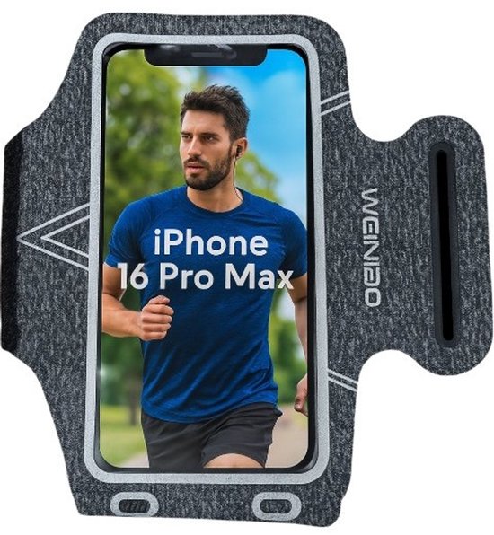 Donkergrijs sportarmband met een hardlopende man erop in een iPhone 16 Pro Max scherm.