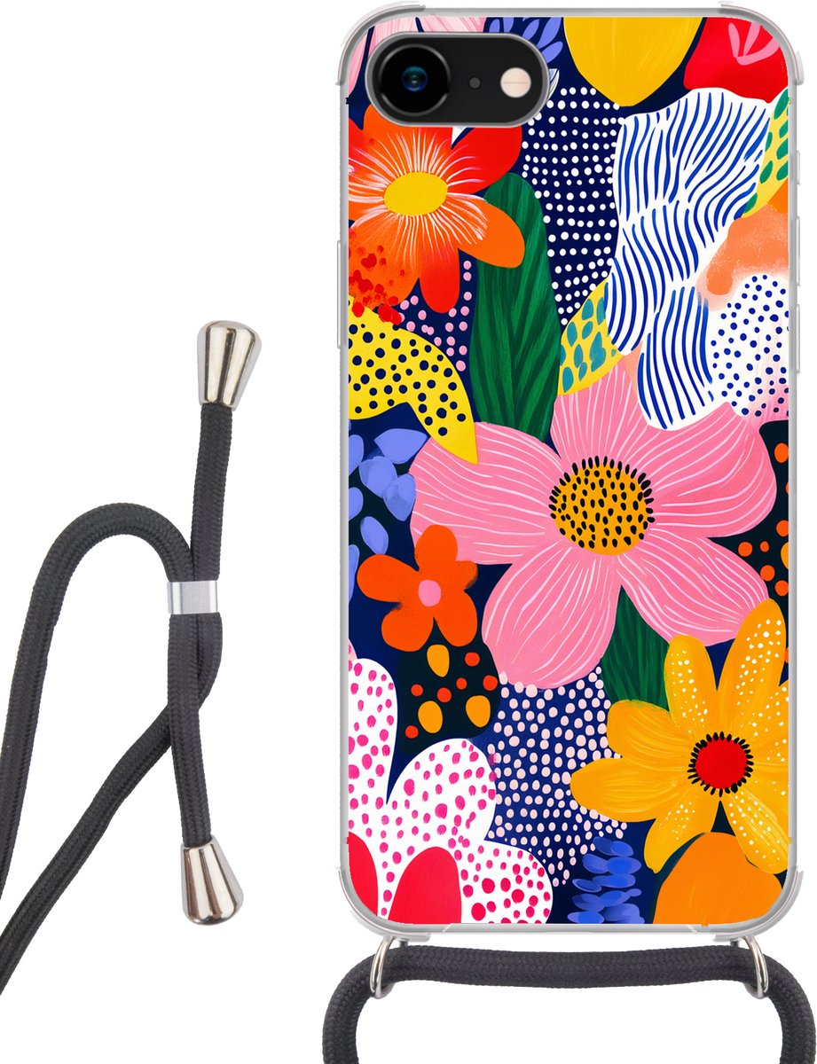 Telefoonhoesje Geschikt voor iPhone 8 - Kleurrijk - Bloemen - Abstract - Stippen - Siliconen - Crossbody - Backcover met Koord - Telefoonhoesje met koord - Hoesje met touw Telefoonhoesje