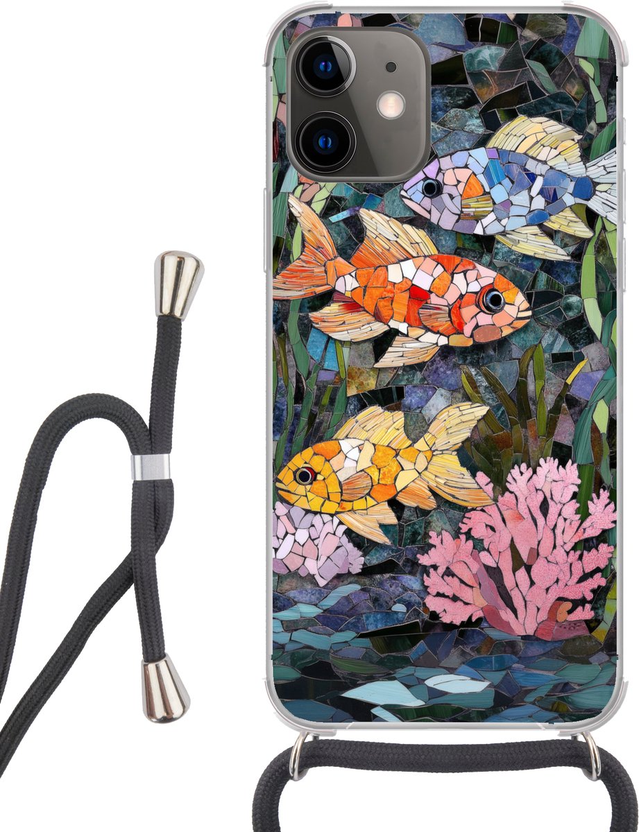 Telefoonhoesje Geschikt voor iPhone 11 - Vissen - Koraal - Zee - Mozaïek - Siliconen - Crossbody - Backcover met Koord - Telefoonhoesje met koord - Hoesje met touw Telefoonhoesje