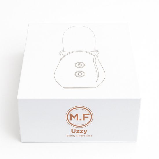 Witte doos met een schets van een rode tongvibrator met twee knoppen erop. M.F. logo en "Uzzy Quality always wins" tekst.
