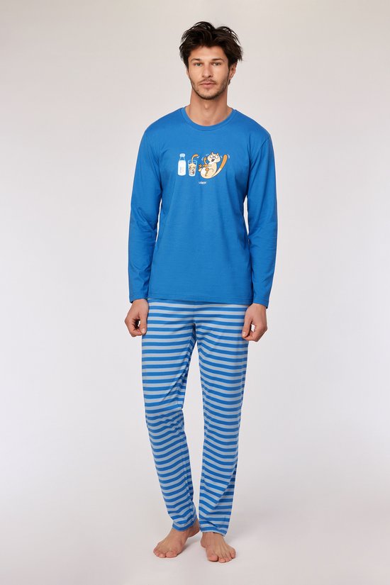 Woody pyjama heren - kat - blauw - 252-10-PLS-S/879 - maat L