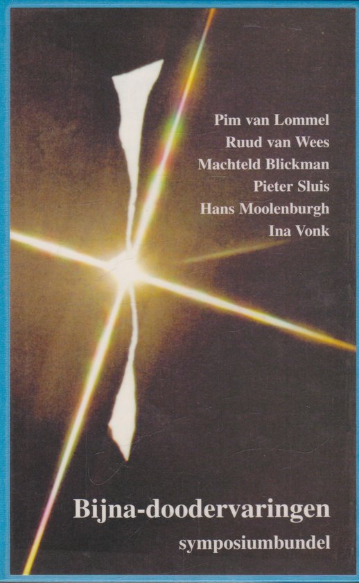 Couverture de livre avec cadre bleu. Forme blanche abstraite et rayons lumineux. Titre 'Bijna-doodervaringen symposiumbundel'.