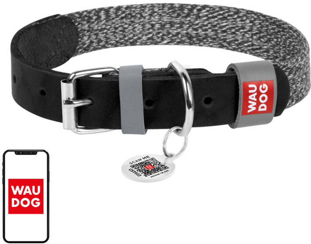 Waudog Hondenhalsband Gemaakt Van Echt Leder En Gerecycled Materiaal Met Qr-Code