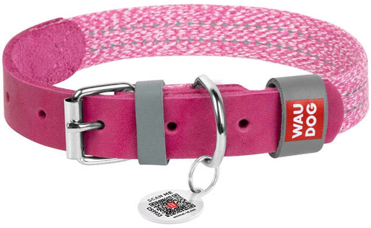 Waudog Klassieke Hondenhalsband Met Qr-Code En Echt Leder Maat M