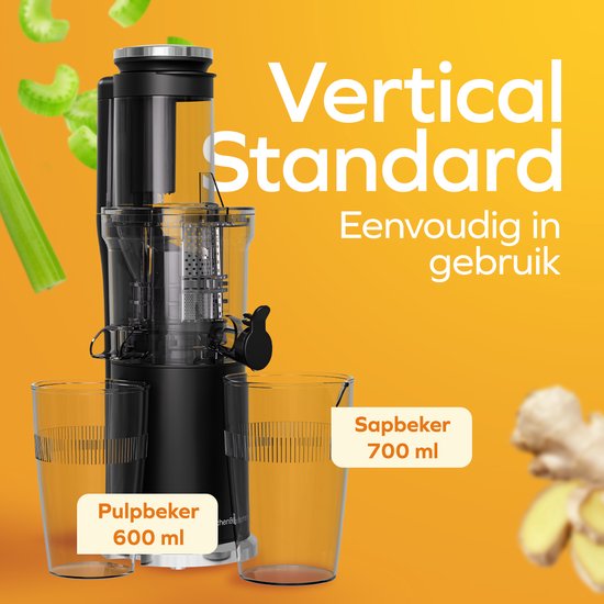 KitchenBrothers Slowjuicer - Verticaal - Juicer - Groenten en Fruitpers - 80 mm - 750 ml - Zwart van KitchenBrothers — afbeelding 3