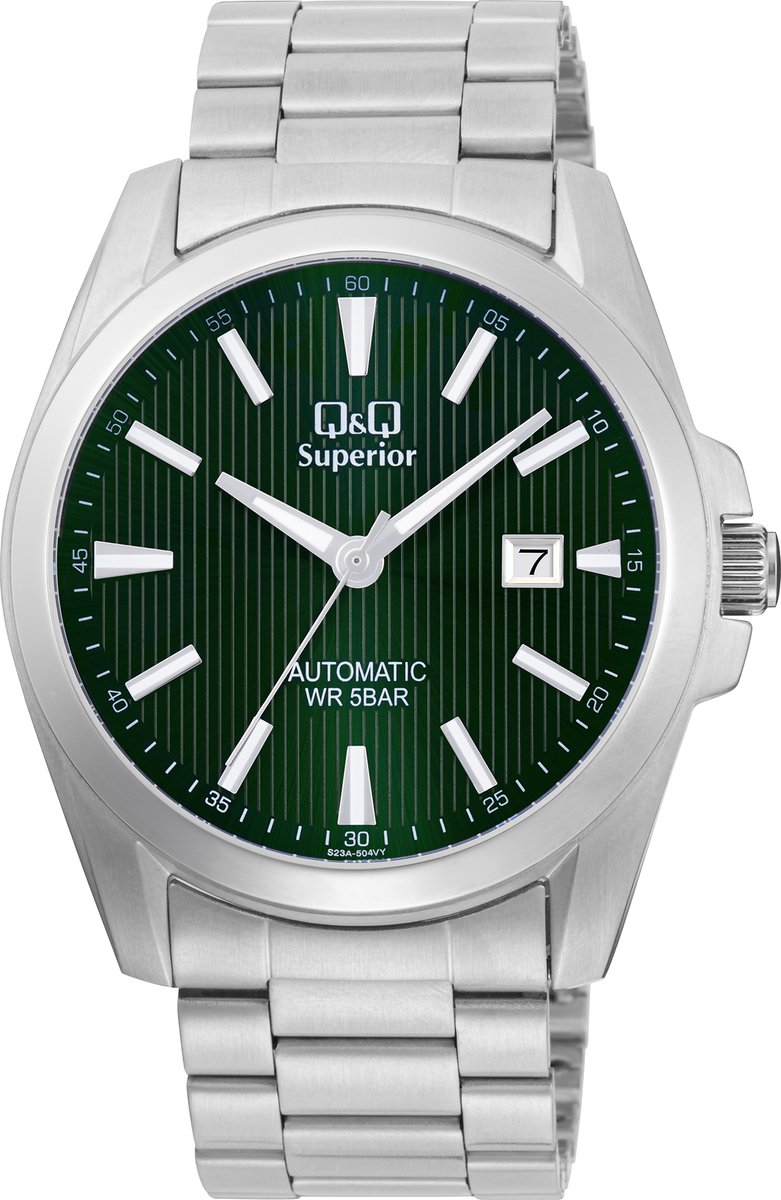 QQ S23A-504VY - Horloge - Polshorloge - Analoog - Automatisch uurwerk - Mannen - Heren - stalen band - Rond - Metaal - Streepjes - Datumaanduiding - Zilverkleurig - DonkerGroen