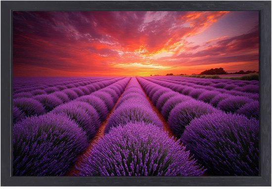 Lavendelvelden bij zonsondergang - Lavendel schilderij - Schilderij op canvas bloemen - Hyperrealisme - Ingelijste wanddecoratie - Huisinrichting - canvas met baklijst 100x75 cm