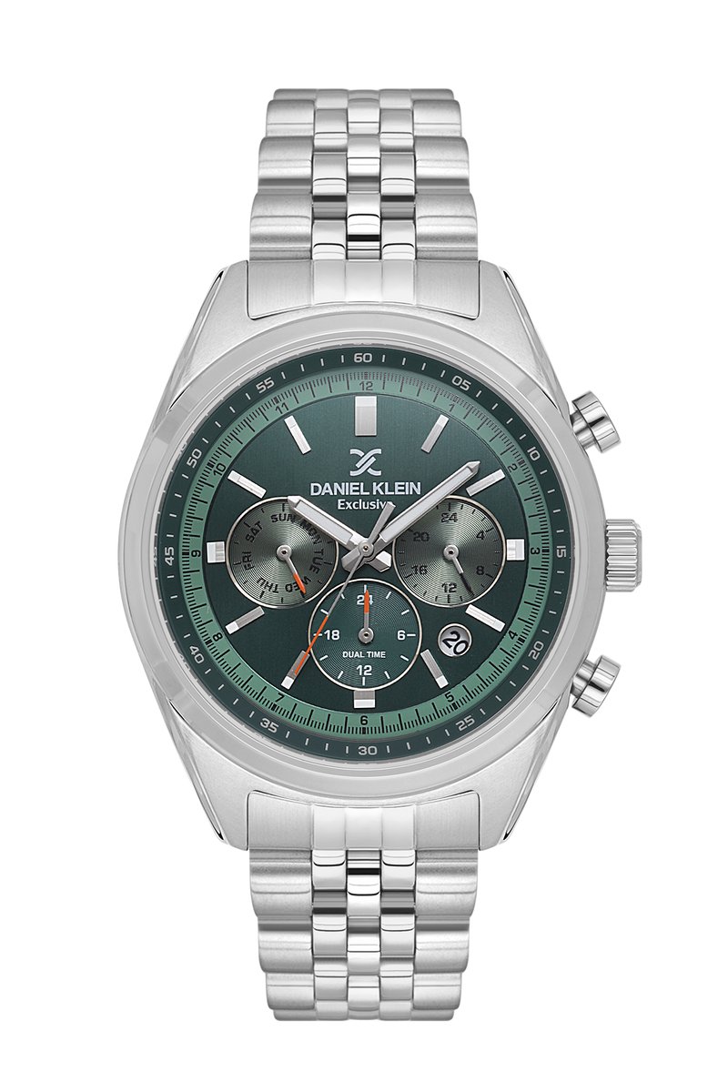 Daniel Klein DK.1.13976-4 - Horloge - Polshorloge - Analoog - Mannen - Heren - stalen band - Rond - Metaal - Streepjes - Datumaanduiding - 12-24 - Dualtime - Chrono - Zilverkleurig - Groen - Zwart - Rood