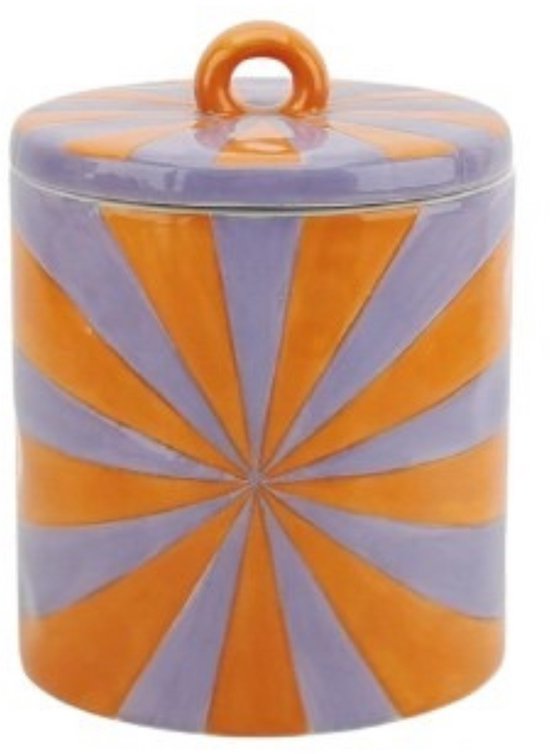 Cilindrische opbergpot met deksel en oranje-lila swirl patroon.