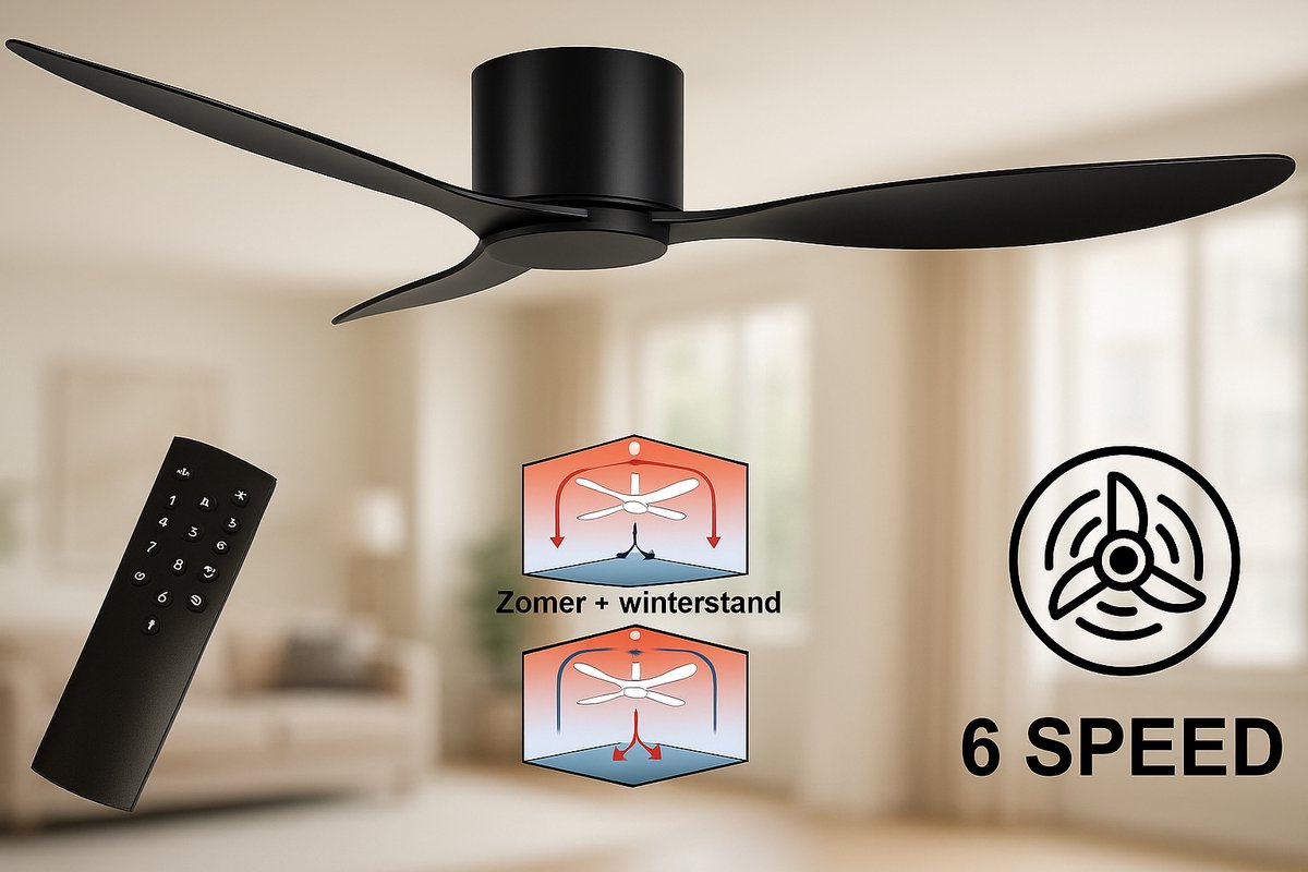 Plafondventilator Brezza 3 blad Ø 132 cm | Zeer stille ventilator | Top kwaliteit | Energie zuinig | + remote | Voor laag plafond | 6 snelheden | Beste alternatief voor airco | Zomer en winter stand | Zwarte ventilator – foto 5