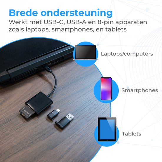 Lecteur de carte SD Nuvance - USB-C - Avec convertisseurs USB et 8 broches - Lecteur de carte mémoire Micro SD - Zwart