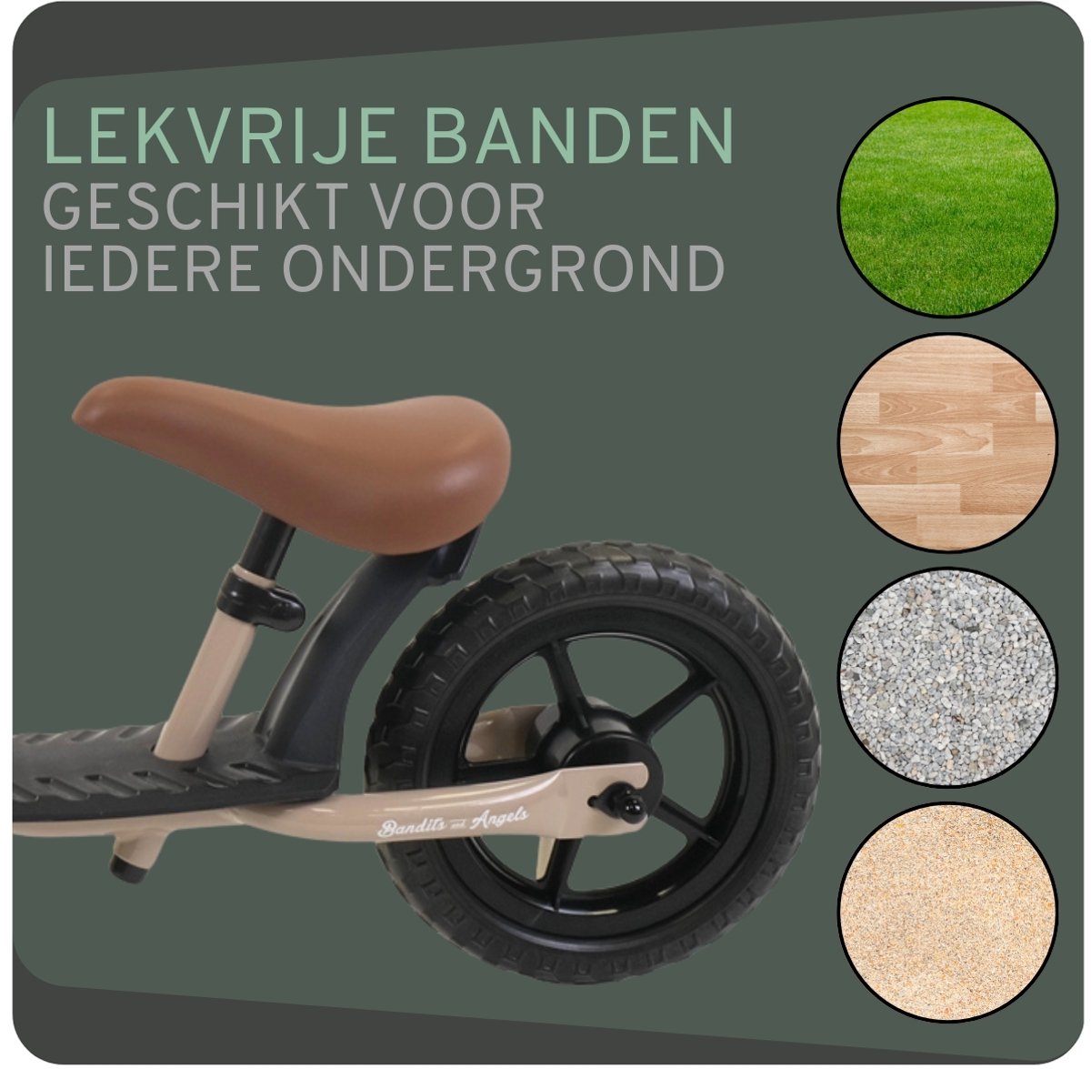Bandits & Angels Metalen Loopfiets Starter Sand Beige met Voetenplank vanaf 2 Jaar - Limited Edition - Beige Loop Fiets - Verstelbaar Zadel 29 tot 39 cm - Voor Jongens en Meisjes - Compact en Veilig - Lage Instap met Voetenplank — afbeelding 4