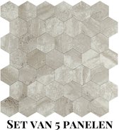 Wallways Wandpanelen - Plaktegels - Set van 5 Tegels - Tegelsticker - Zelfklevende Tegels - 4MM dik - Aluminium toplaag - Waterdicht - Krasbestendig - Hittebestendig - 3M Kleeflaag - Hexagon Taupe Stone
