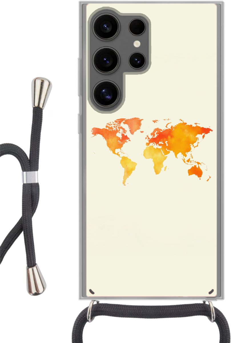 Telefoonhoesje Geschikt voor Samsung Galaxy S24 Ultra - Wereldkaart - Oranje - Kleurrijk - Siliconen - Crossbody - Backcover met Koord - Telefoonhoesje met koord - Hoesje met touw Telefoonhoesje