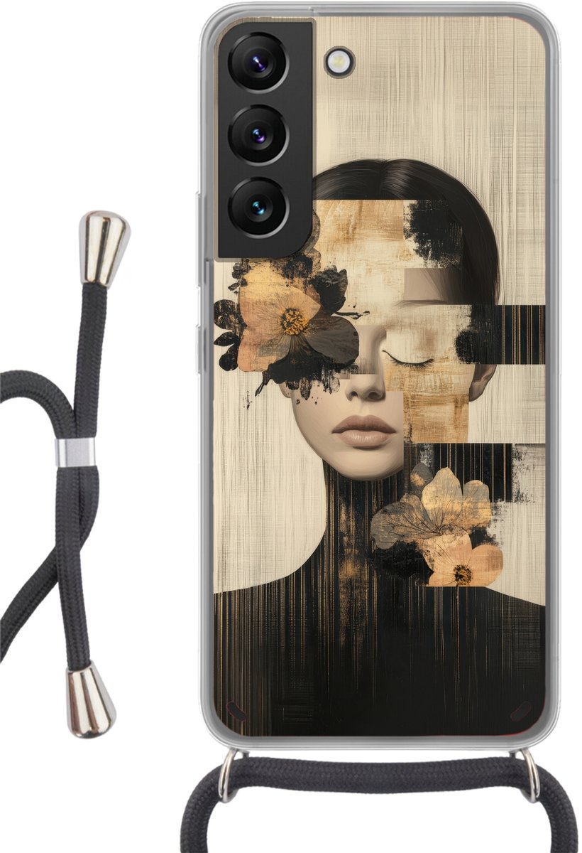 Telefoonhoesje Geschikt voor Samsung Galaxy S22 - Gezicht - Bloemen - Zwart - Vrouw - Siliconen - Crossbody - Backcover met Koord - Telefoonhoesje met koord - Hoesje met touw Telefoonhoesje