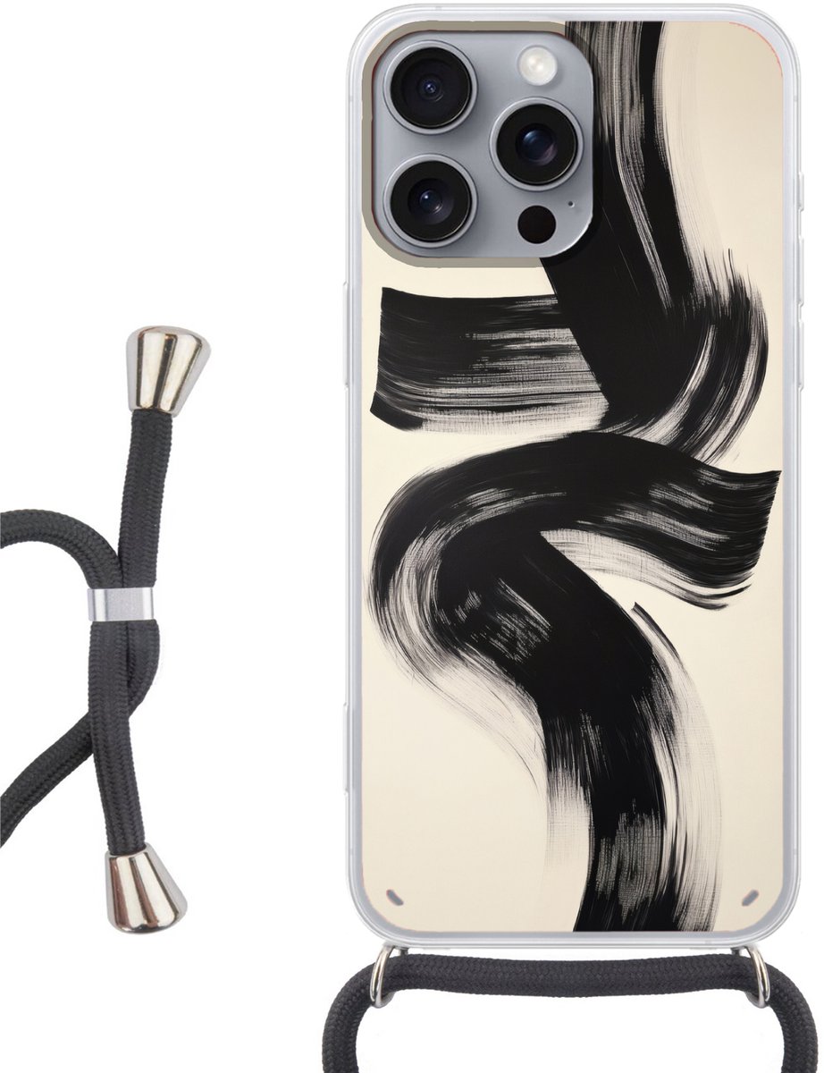 Telefoonhoesje Geschikt voor iPhone 16 Pro Max - Strepen - Zwart - Abstract - Siliconen - Crossbody - Backcover met Koord - Telefoonhoesje met koord - Hoesje met touw Telefoonhoesje
