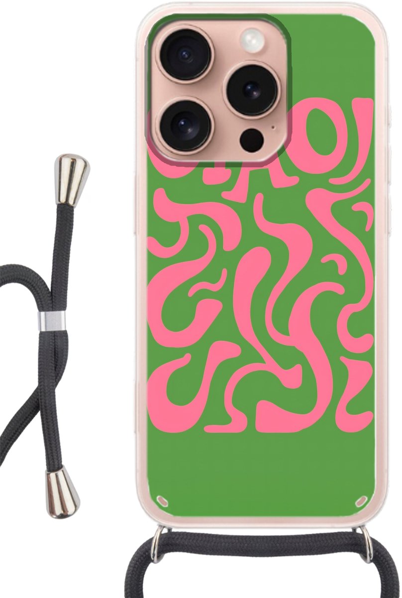 Telefoonhoesje Geschikt voor iPhone 16 Pro - Abstract - Roze - Ciao - Vormen - Siliconen - Crossbody - Backcover met Koord - Telefoonhoesje met koord - Hoesje met touw Telefoonhoesje
