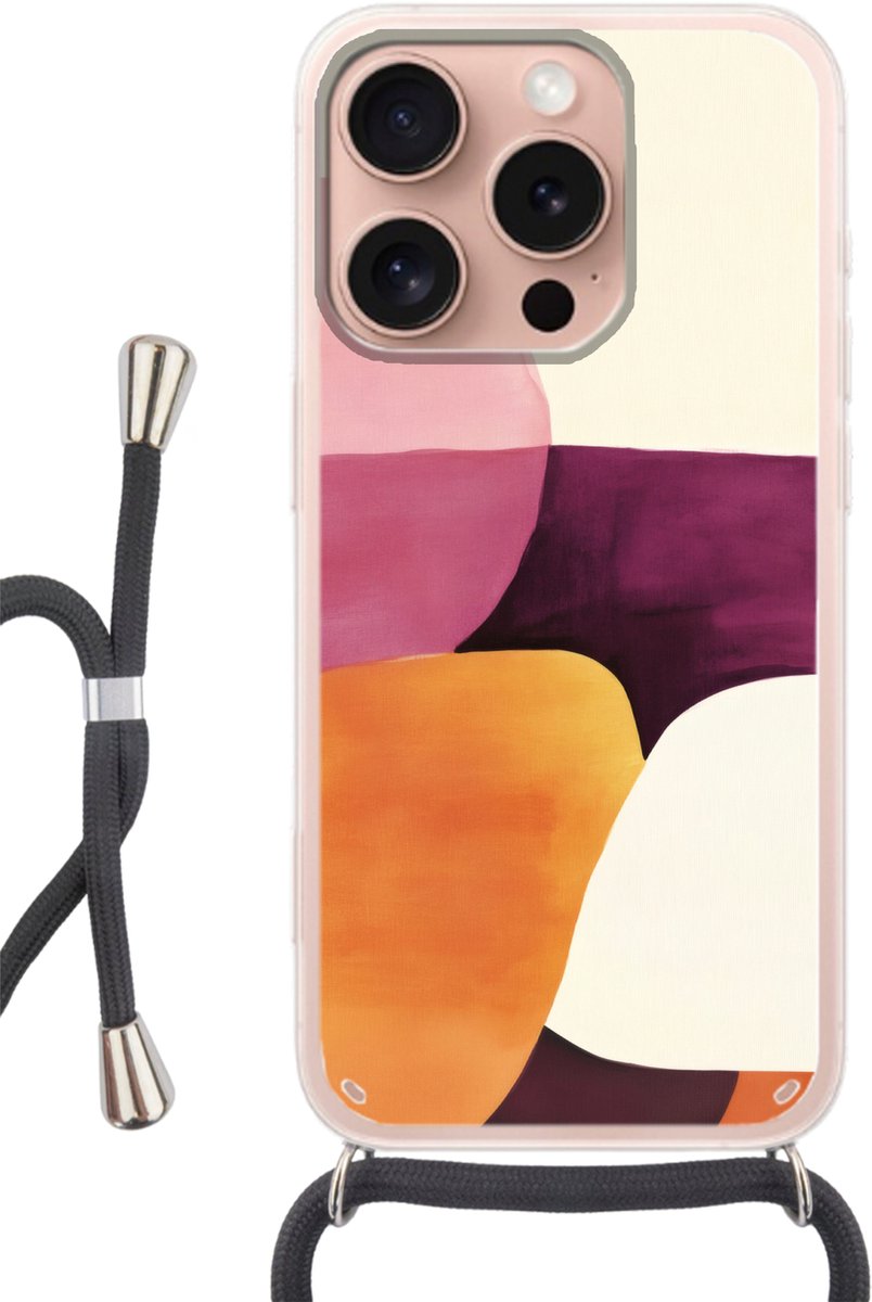 Telefoonhoesje Geschikt voor iPhone 16 Pro - Vormen - Abstract - Kleurrijk - Siliconen - Crossbody - Backcover met Koord - Telefoonhoesje met koord - Hoesje met touw Telefoonhoesje