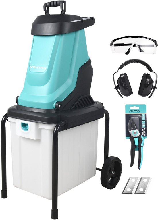 VENTRA® Elektrische Hakselaar - Wood Shredder - 2800W – Voor Takken Tot Ø45mm – 55L Opvangbak - 4500 RPM - Veiligheidsuitrusting, Snoeischaar en Reservemessen